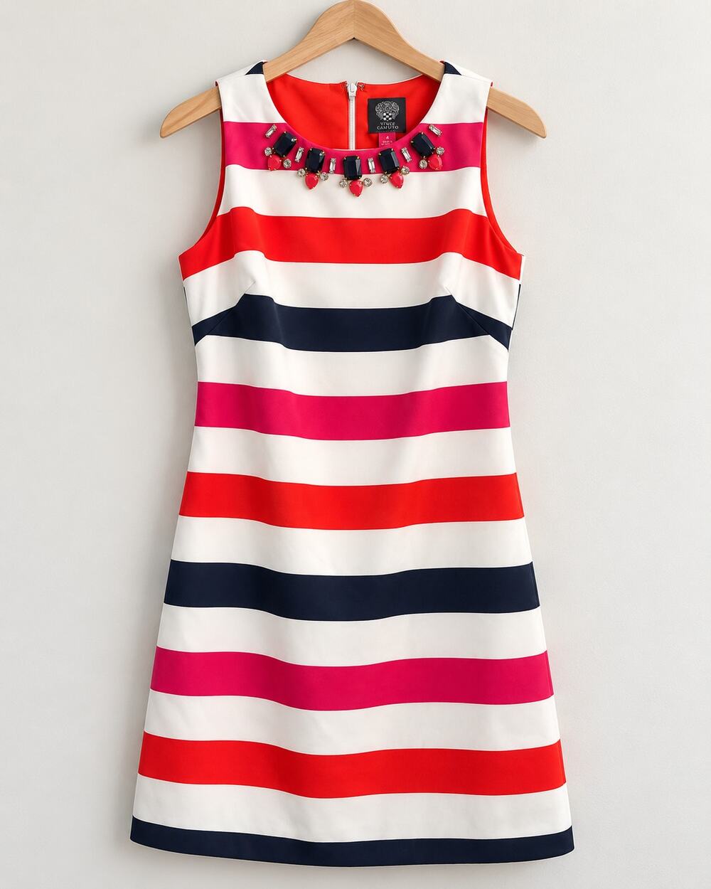 Vince Camuto Striped Scuba Embellished Jeweled Neck Shift Dress Size 4 $150